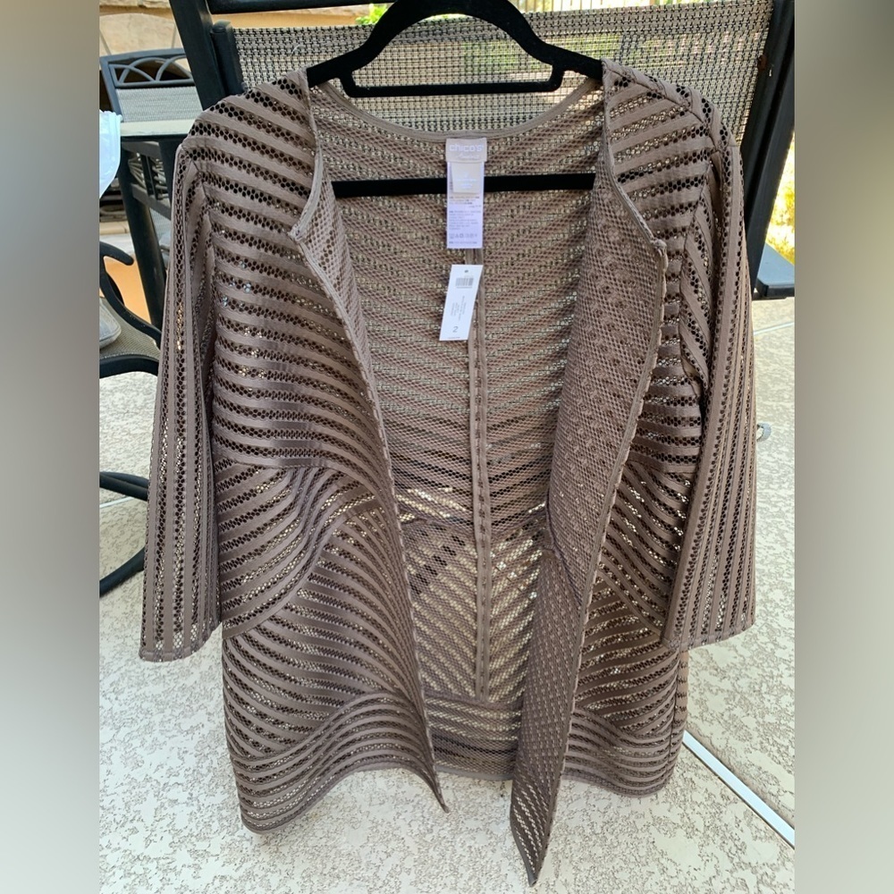 NWT Chicos rich chocolate Sz 2 (12-14) mesh-and-fabric shadow stripe jacket